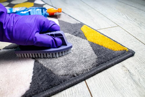 Disinfection cleaning ownrug with scrubbing brush and cleaning supplies.